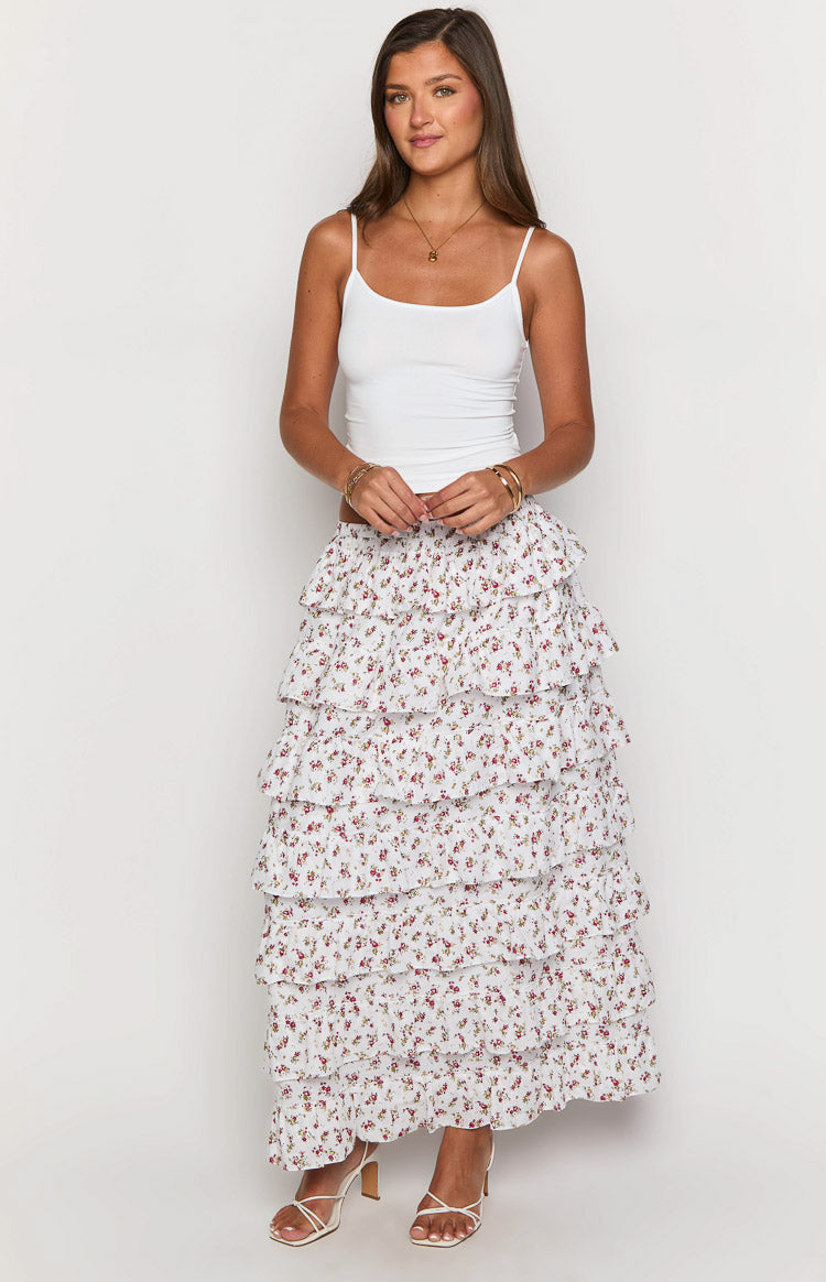 Paisley Desenli Beyaz Çiçekli Maxi Etek