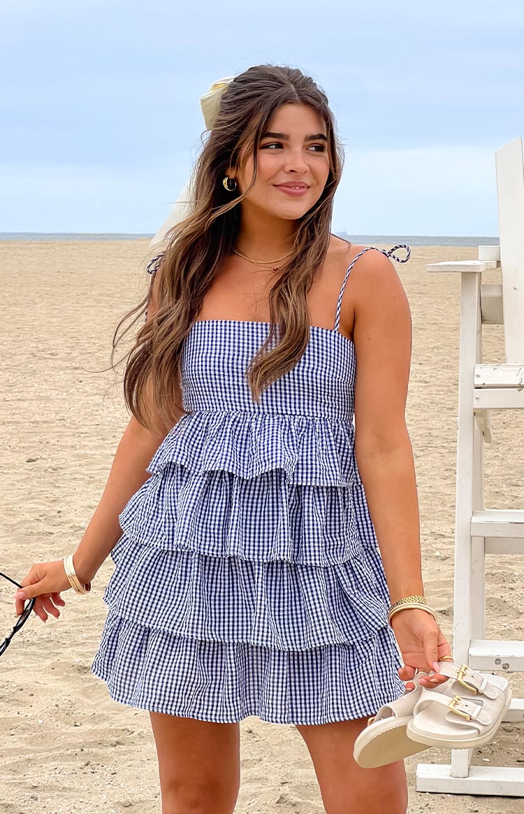 Paolo Lacivert Gingham Volanlı Mini Elbise