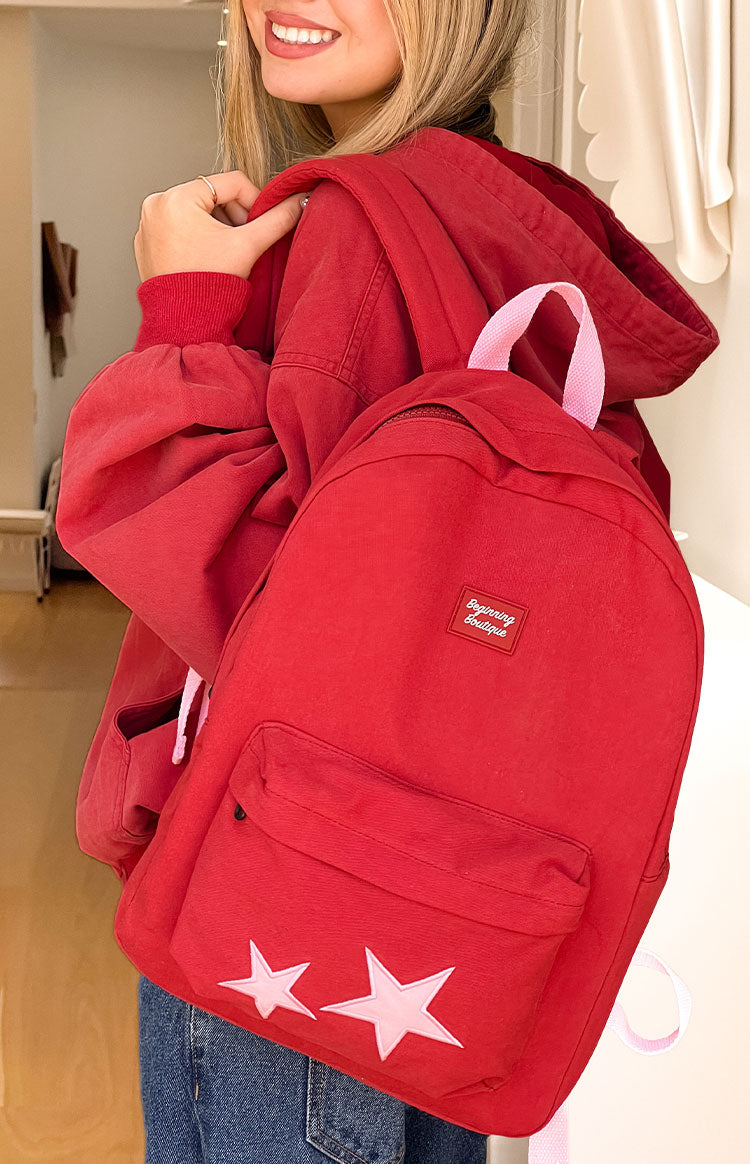 Bordo Pembe Yıldız Desenli Sırt Çantası