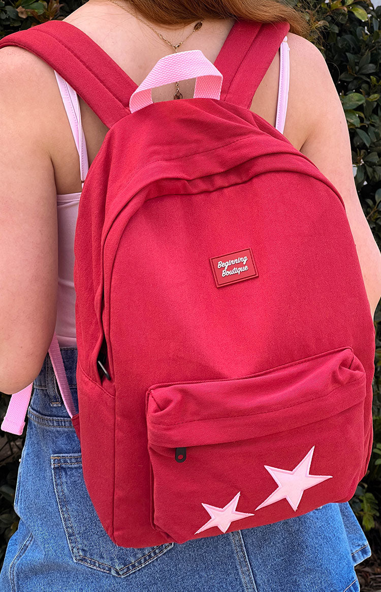 Bordo Pembe Yıldız Desenli Sırt Çantası