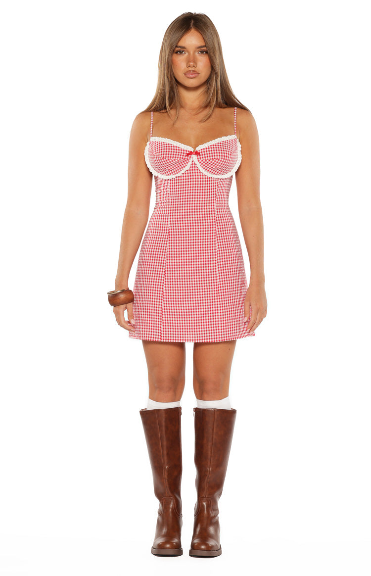 Kırmızı Gingham Mini Elbise