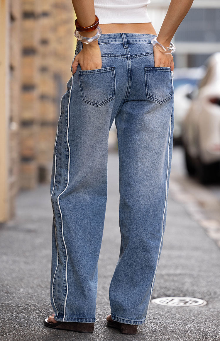 Posey Orta Yıkama Kontrast Dikiş Geniş Paça Jean