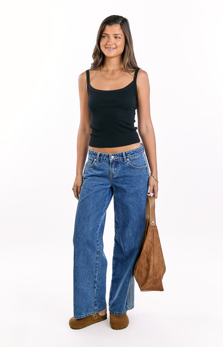 Roonie Kontrast Şerit Orta Yıkama Düşük Bel Denim Pantolon