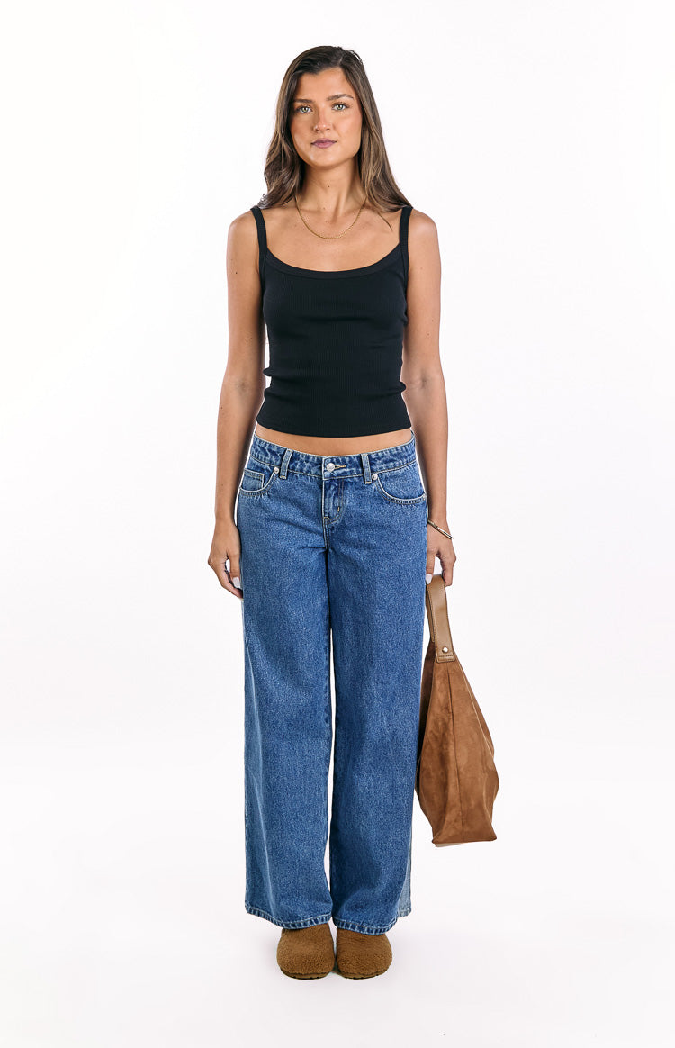 Roonie Kontrast Şerit Orta Yıkama Düşük Bel Denim Pantolon