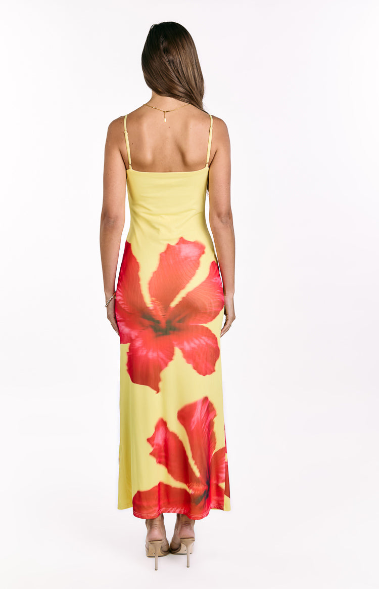 Rosalyn Sarı Hibiskus Desenli Maxi Elbise