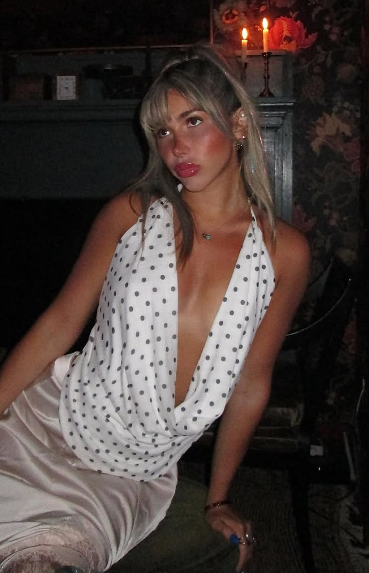 Rozie Beyaz Puantiye File Halter Bluz