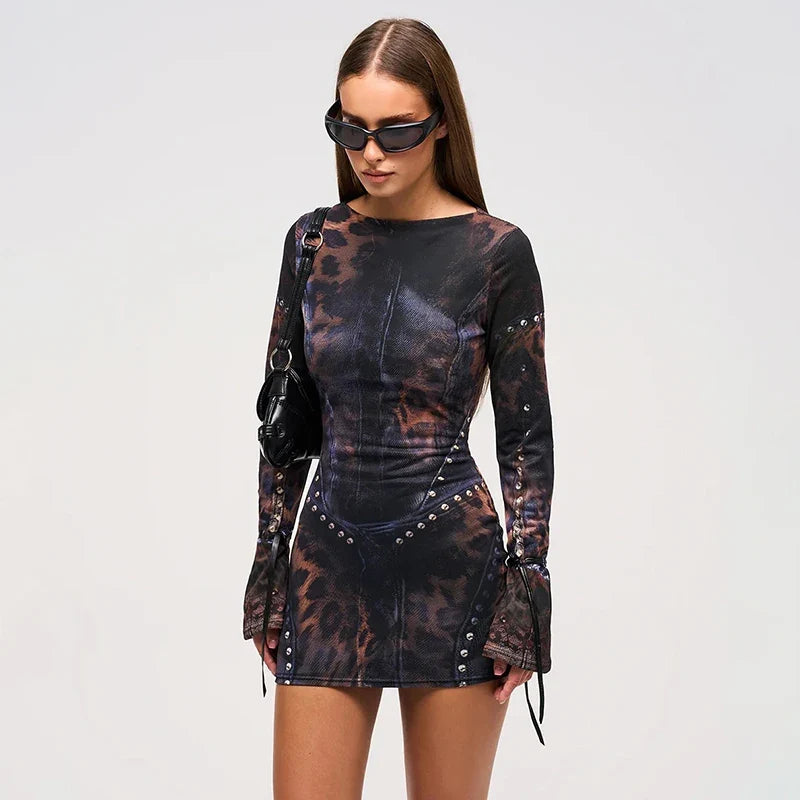 Leopard Print Slim Flared Elbise