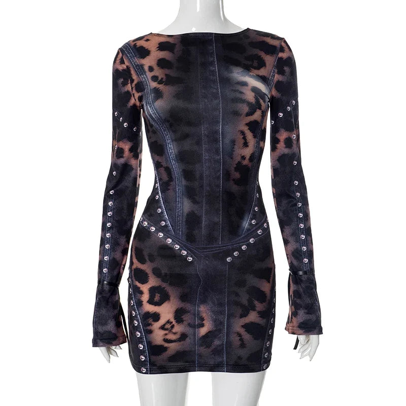 Leopard Print Slim Flared Elbise