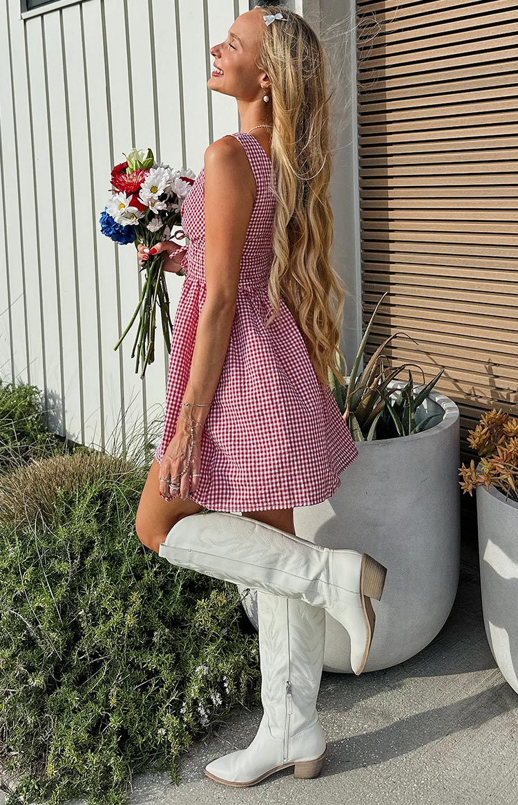 Kırmızı Kareli Mini Elbise - Bağlamalı