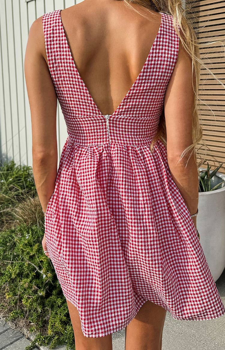 Kırmızı Kareli Mini Elbise - Bağlamalı