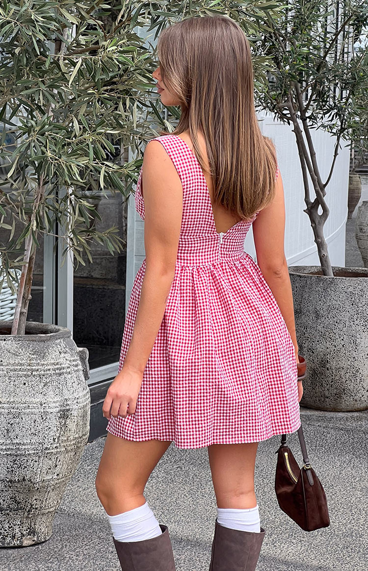 Kırmızı Kareli Mini Elbise - Bağlamalı