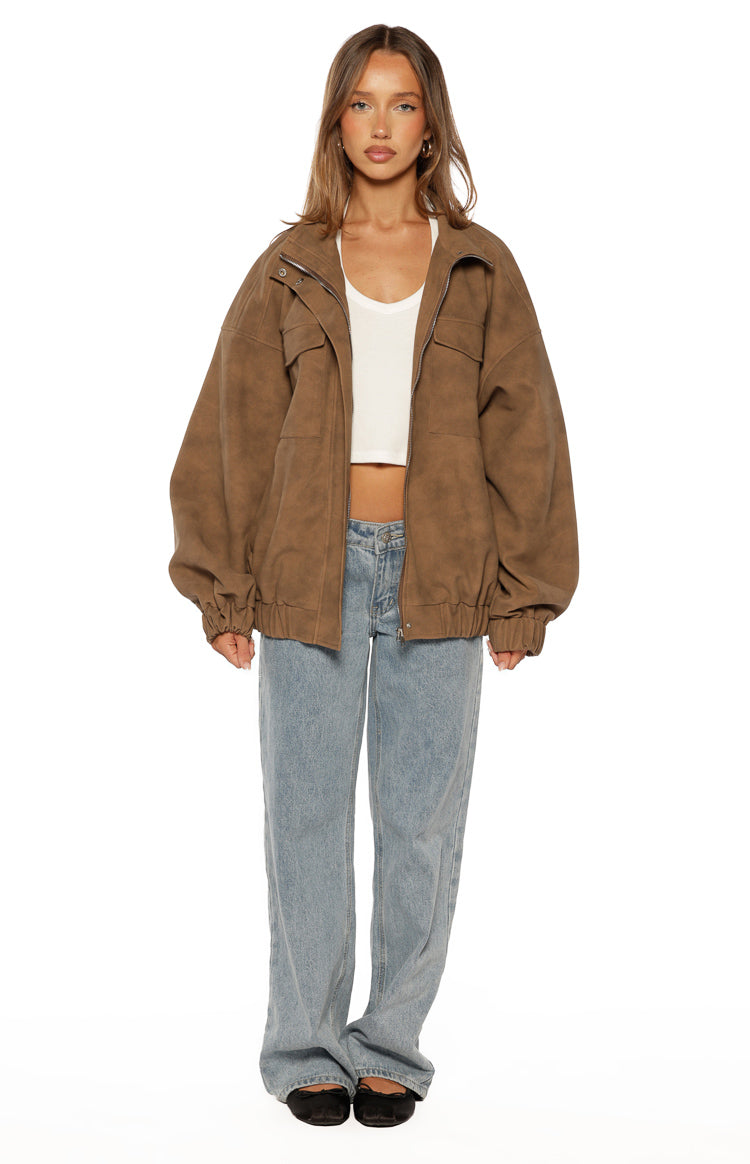 Sapna Kahverengi Oversized Funnel Neck Süet Ceket