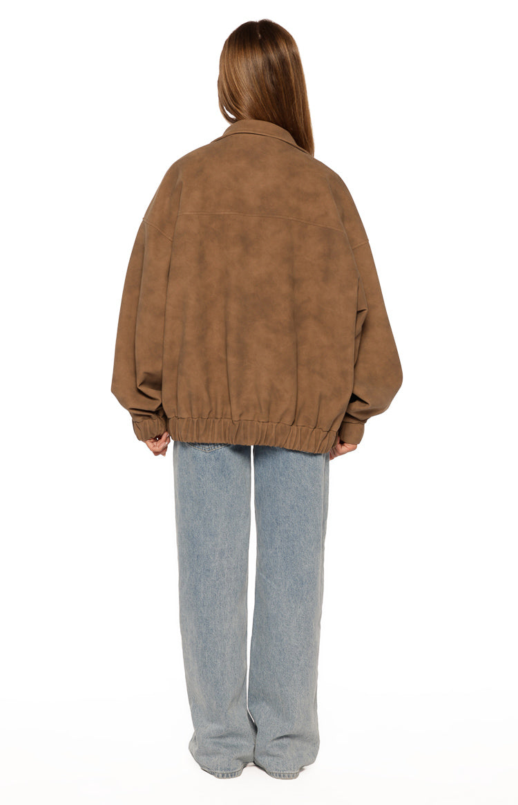 Sapna Kahverengi Oversized Funnel Neck Süet Ceket