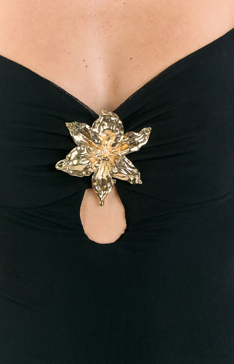 Selina Siyah Hibiskus Detaylı Maxi Elbise