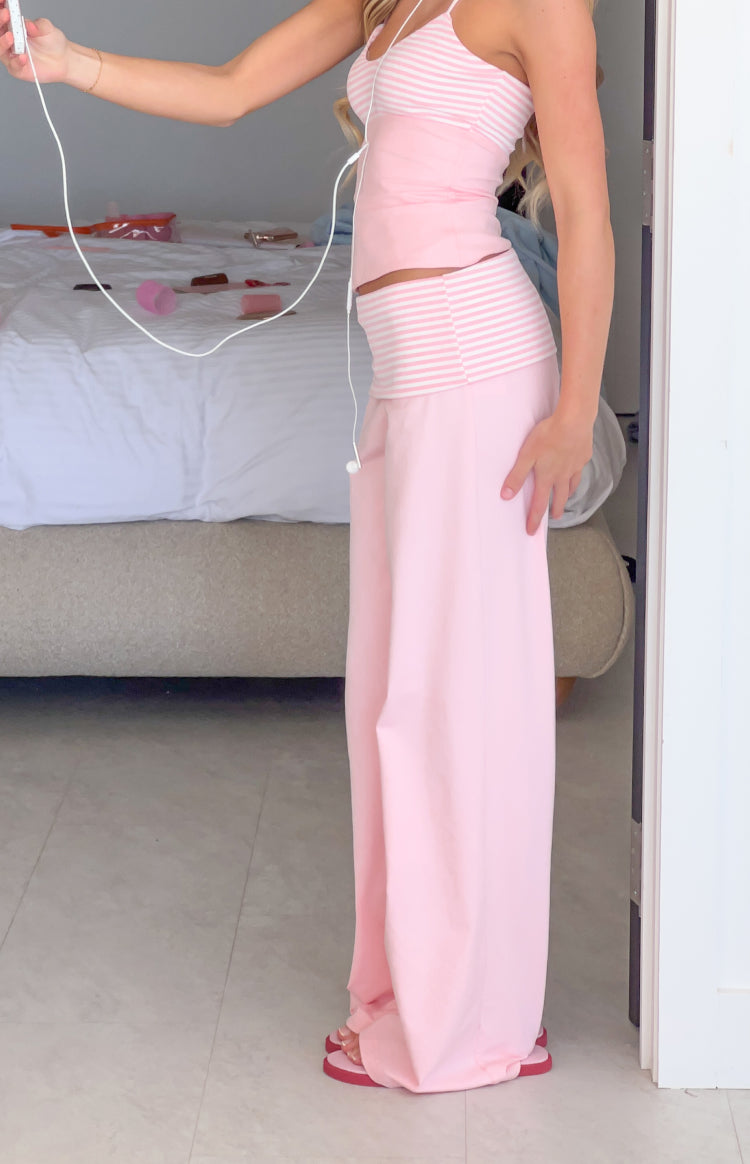 Sia Açık Pembe Çizgili Katlanabilir Jersey Pantolon