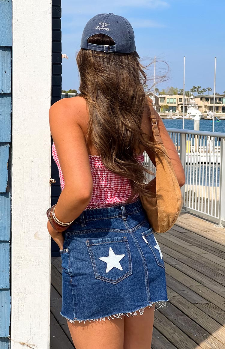 Yıldız Desenli Mavi Denim Düşük Bel Mini Etek
