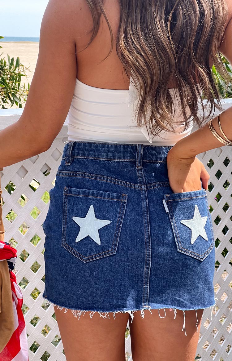 Yıldız Desenli Mavi Denim Düşük Bel Mini Etek