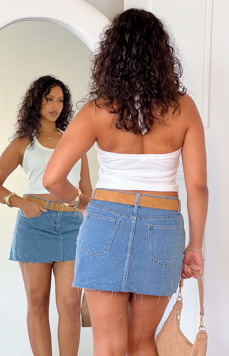 Orta Yıkama Düşük Bel Denim Mini Etek