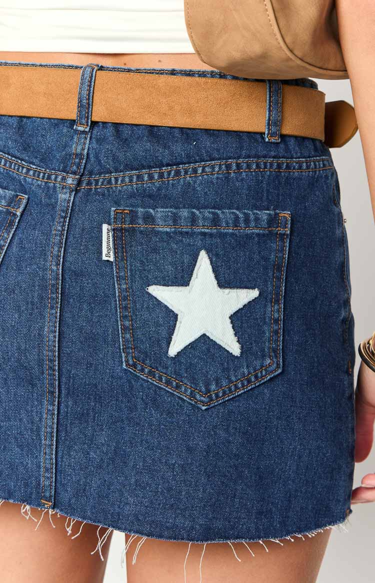 Yıldız Desenli Mavi Denim Düşük Bel Mini Etek