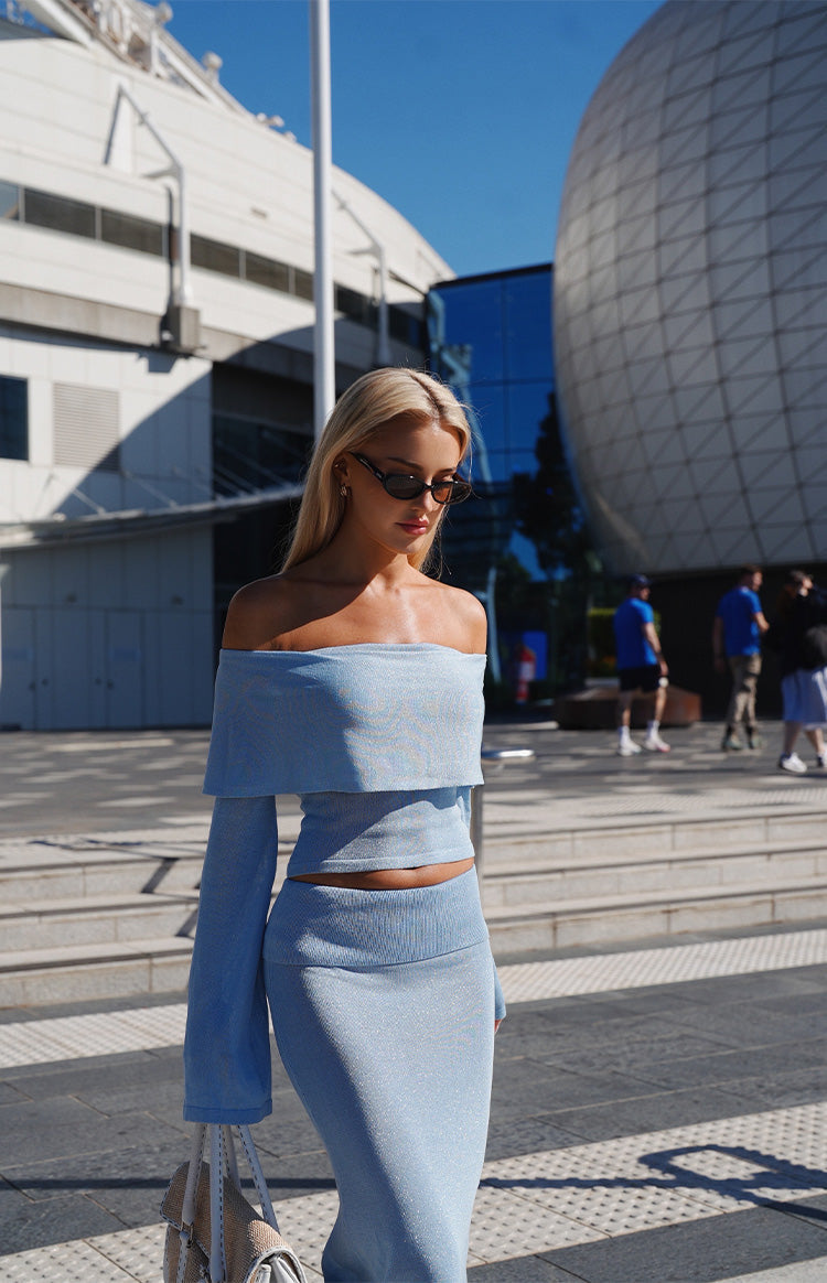 Simona Mavi Off-Shoulder Uzun Kollu Triko Bluz