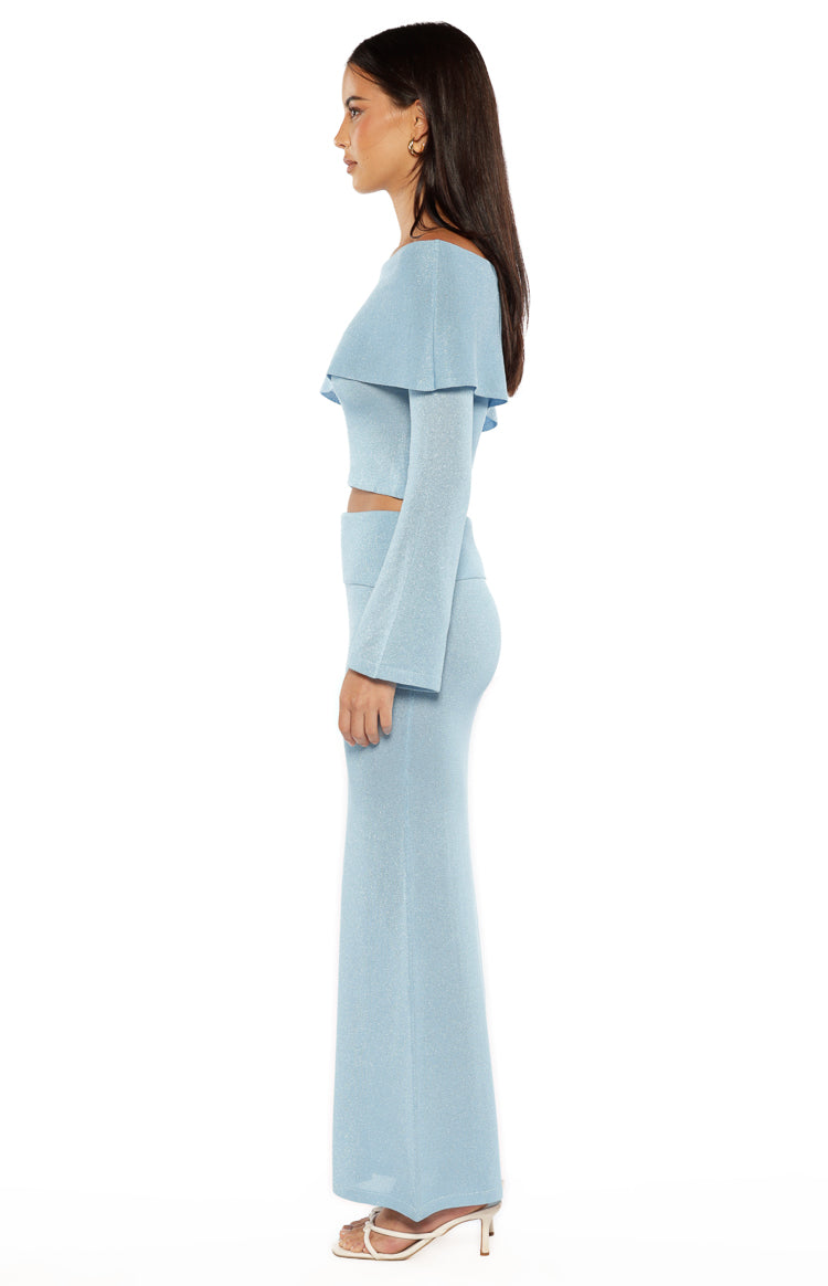 Simona Mavi Off-Shoulder Uzun Kollu Triko Bluz