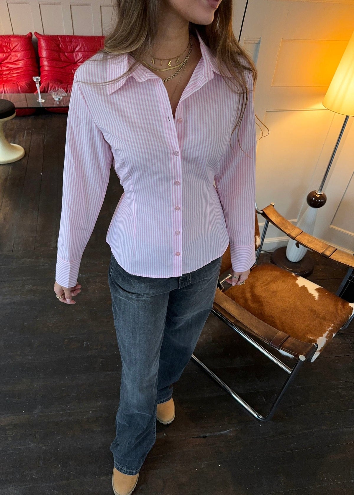 Alberte Pembe Beyaz Çizgili Slim Fit Gömlek