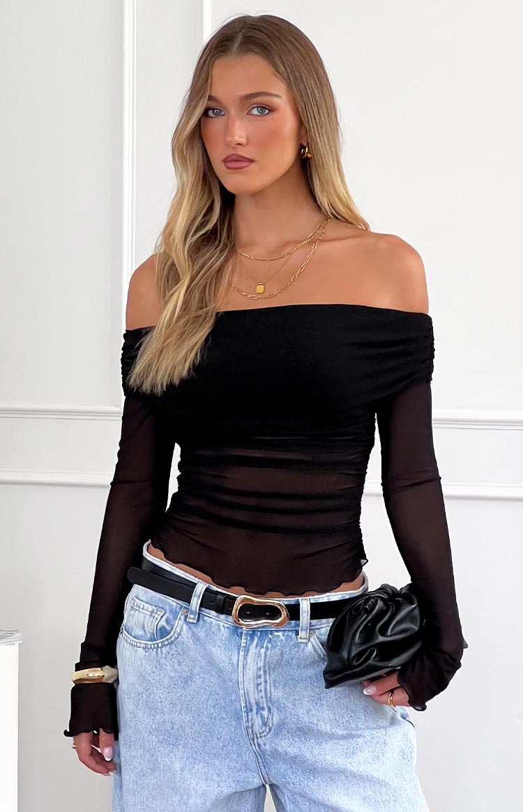 Siyah File Off Shoulder Bluz