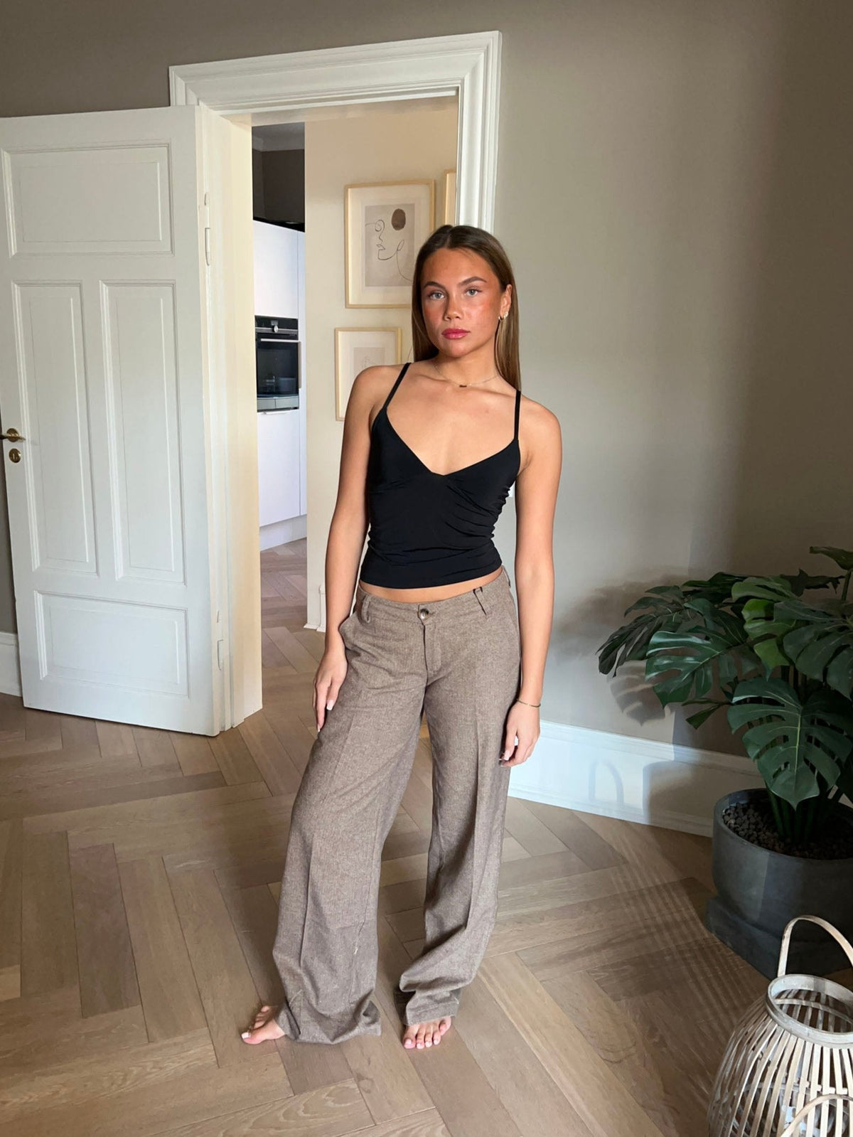 Elsie Herringbone Pantolon Takımı - Kahverengi-Bej