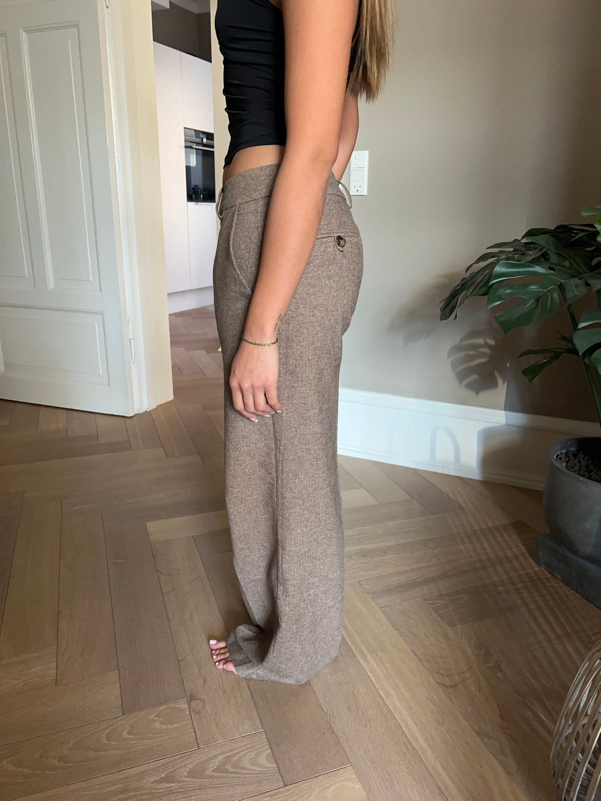 Elsie Herringbone Pantolon Takımı - Kahverengi-Bej