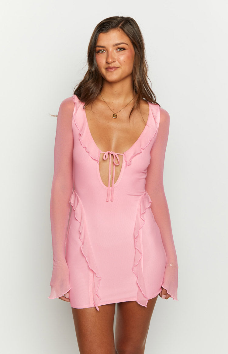 Pembe File Uzun Kollu Mini Elbise