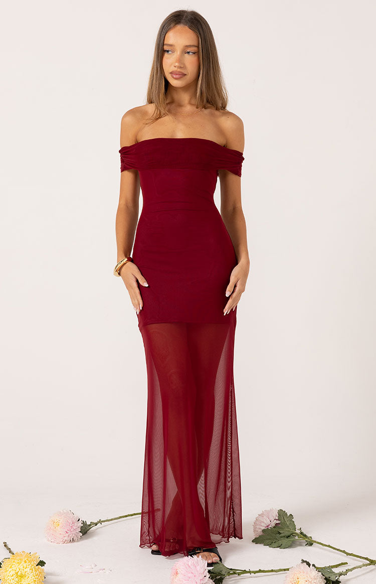 Tabitha Şarap Renk Off-Shoulder Dantel Maxi Elbise