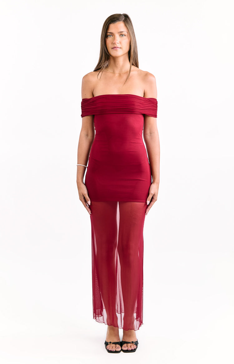 Tabitha Şarap Renk Off-Shoulder Dantel Maxi Elbise
