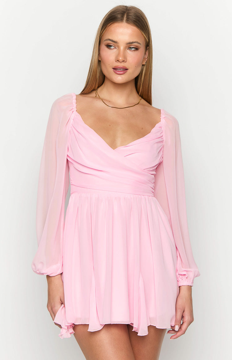 Tiffany Pembe Uzun Kollu Mini Elbise