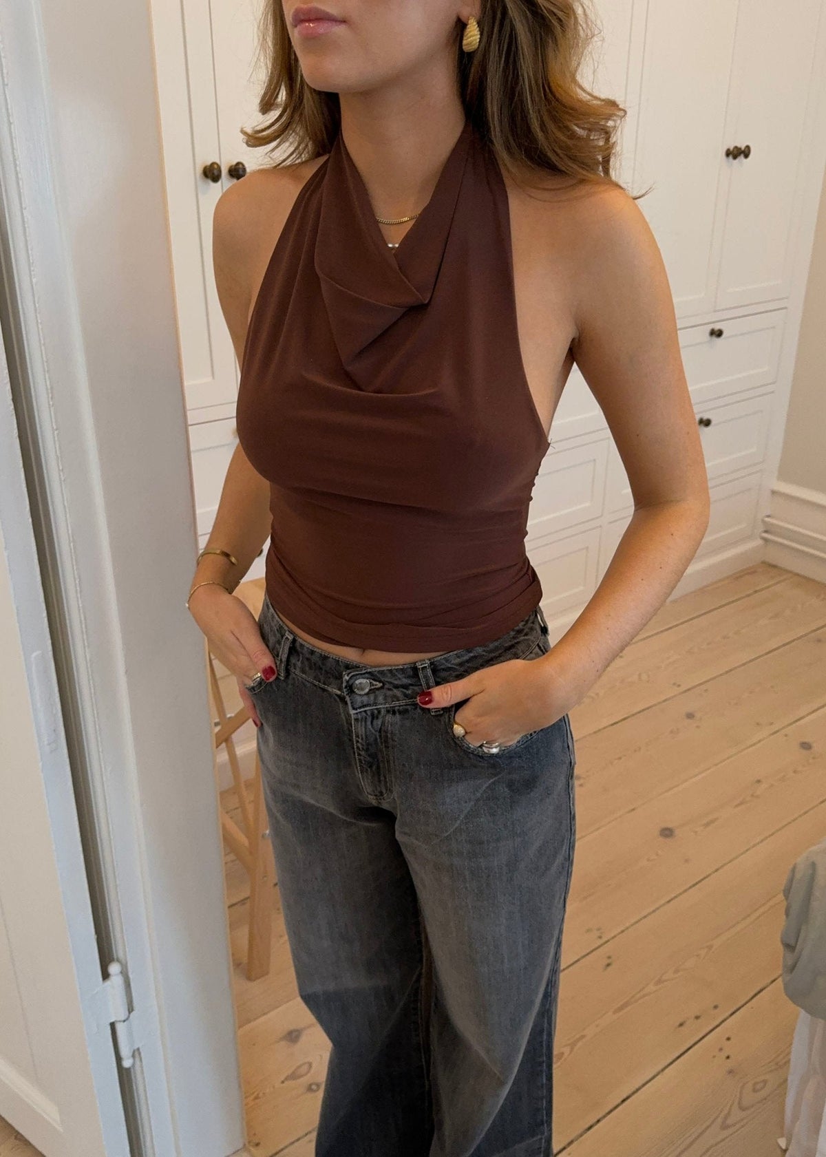 Kahverengi Dora Halter Yaka Bluz