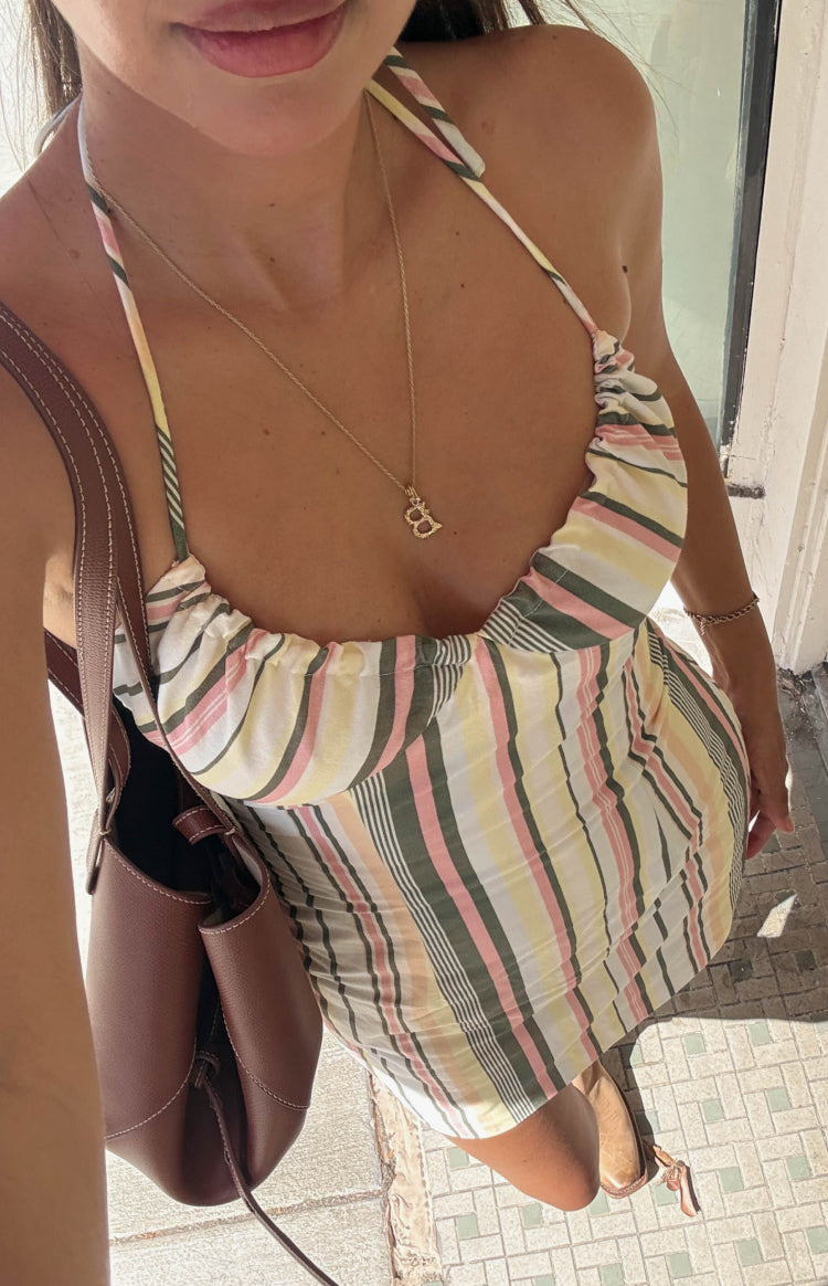 Wiley Çok Renkli Çizgili Halter Yaka Mini Elbise