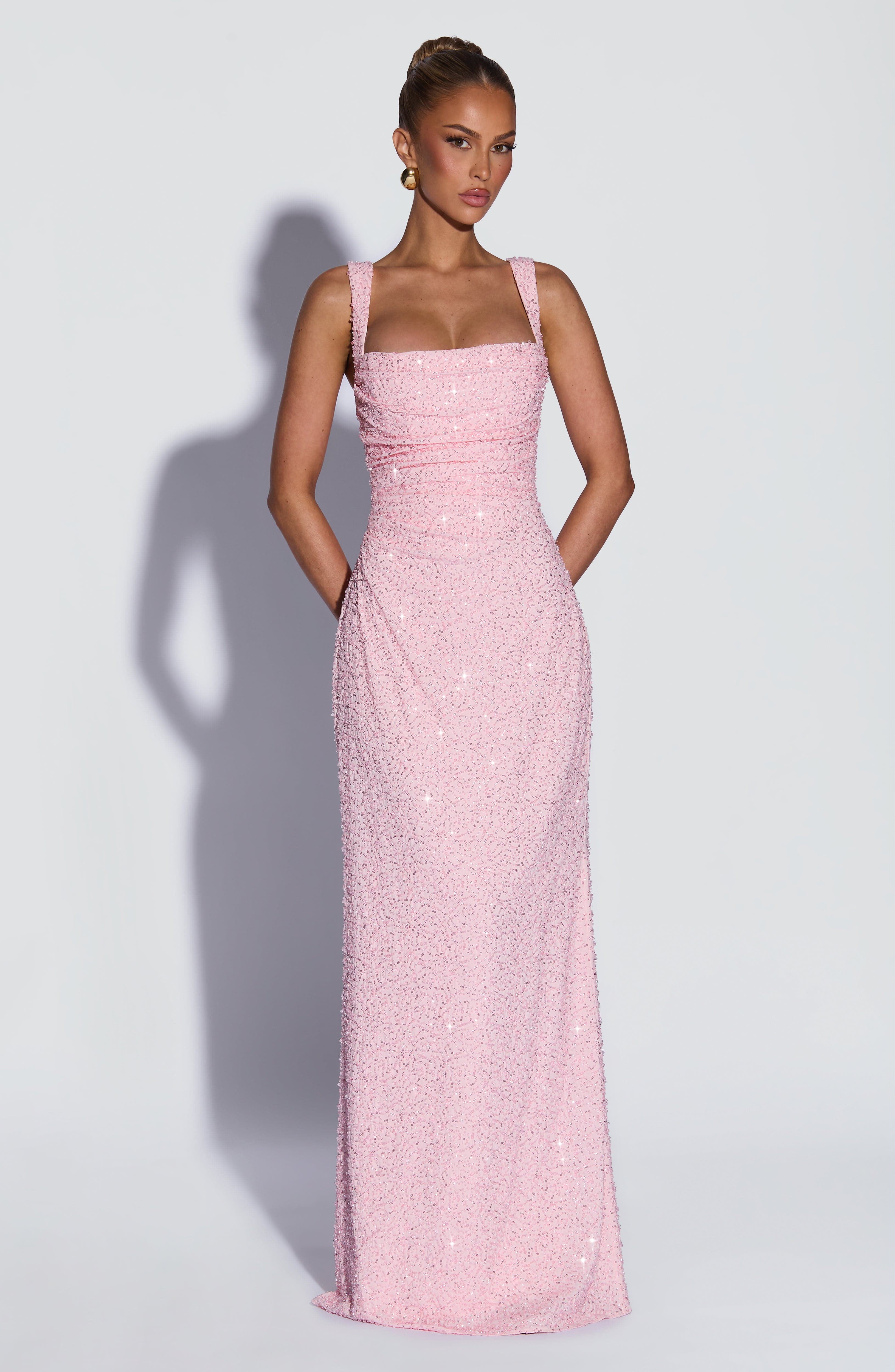 Calanthe Pembe Işıltılı Maxi Elbise