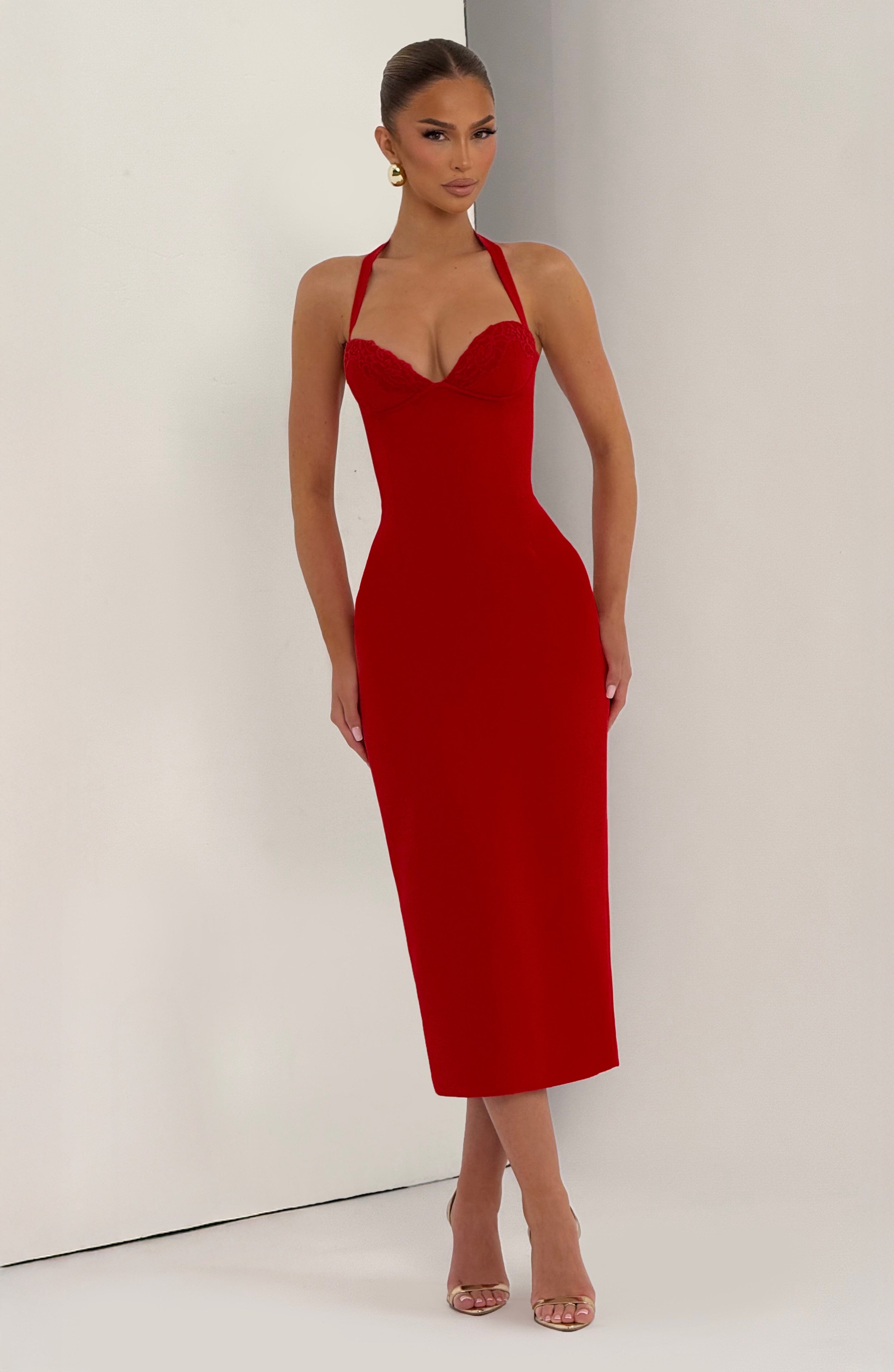 Kırmızı Cassia Midi Elbise