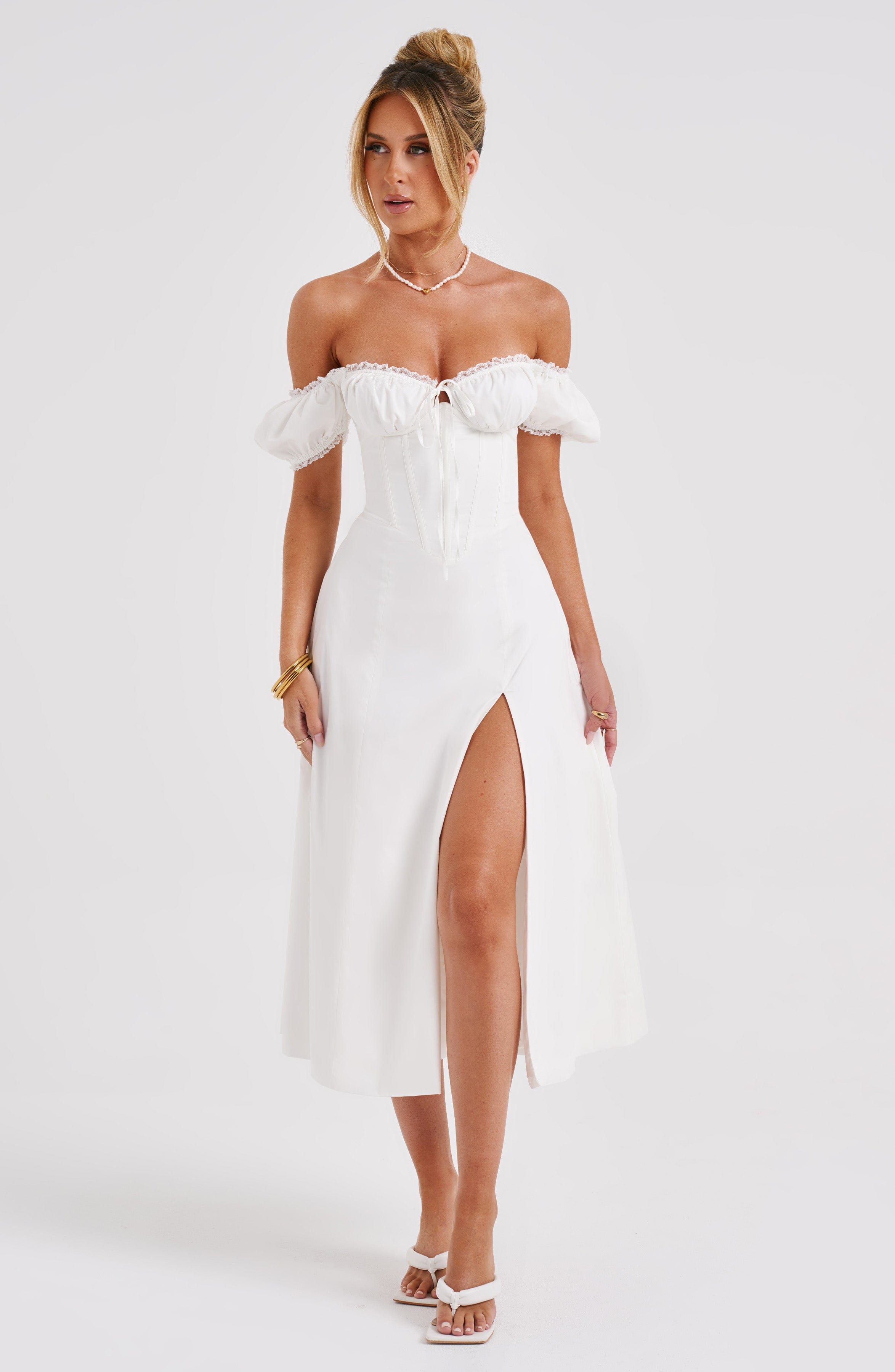 Ekru Courtney Midi Elbise