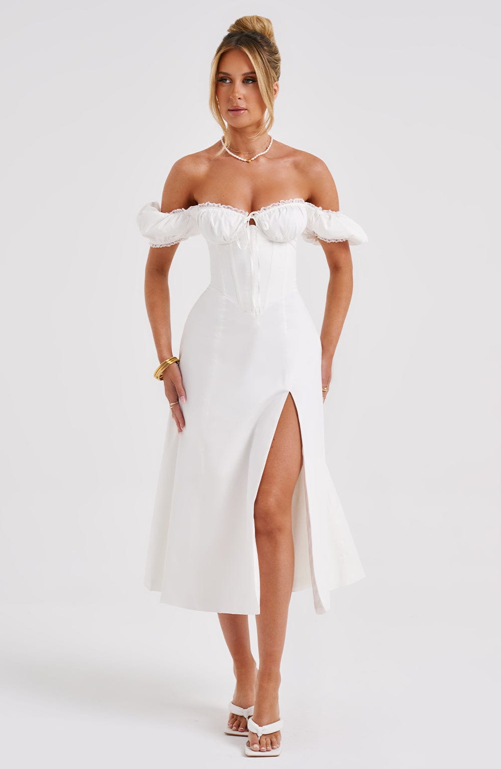 Ekru Courtney Midi Elbise