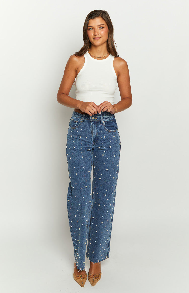 Denim Parıltı İnci Orta Yıkama Yüksek Bel Jean