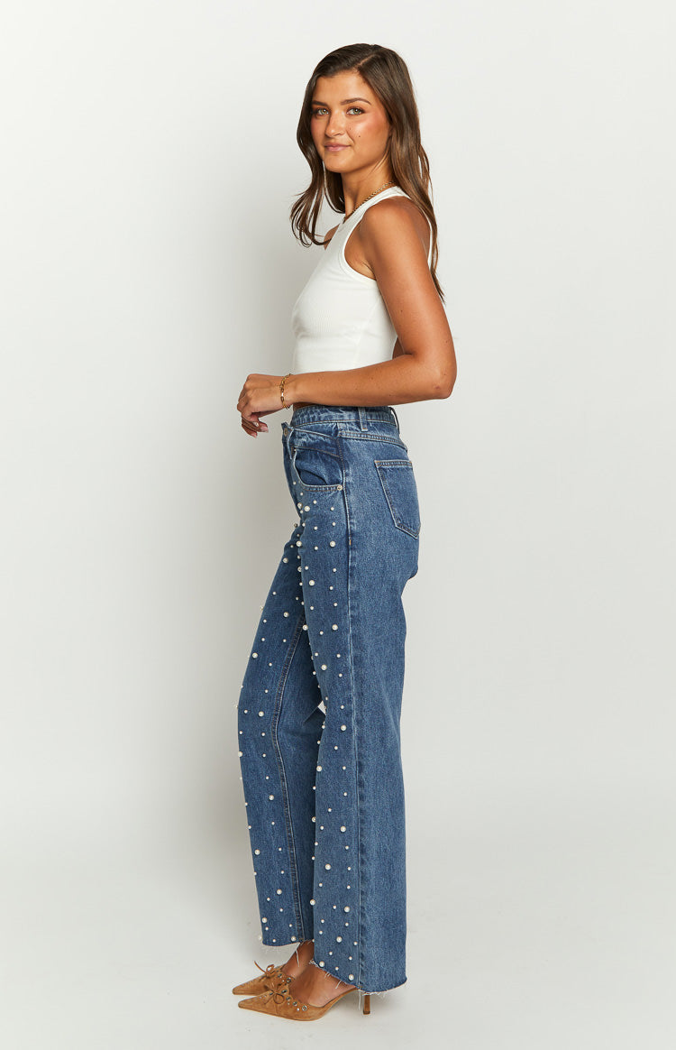 Denim Parıltı İnci Orta Yıkama Yüksek Bel Jean
