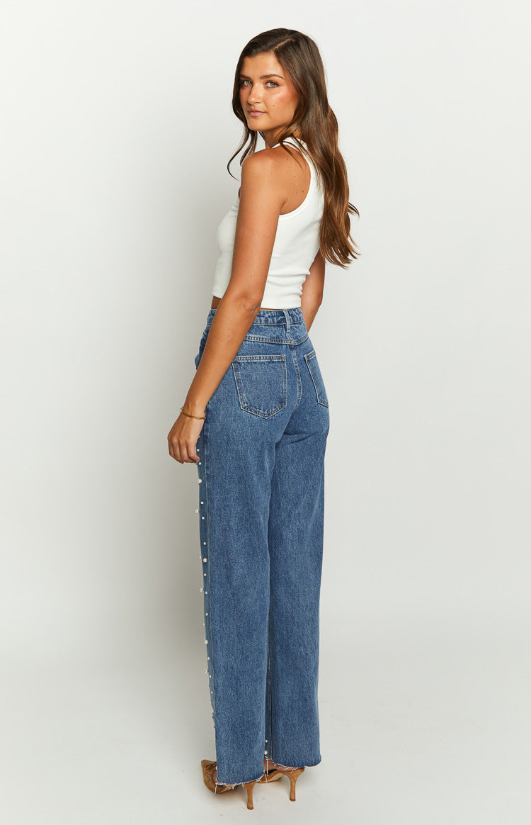 Denim Parıltı İnci Orta Yıkama Yüksek Bel Jean
