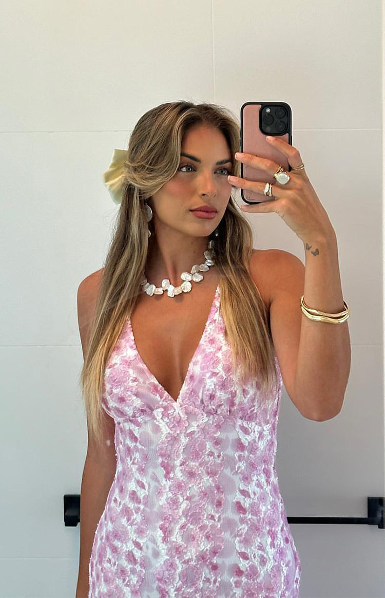 Farida Pembe Dantel Uzun Abiye Elbise