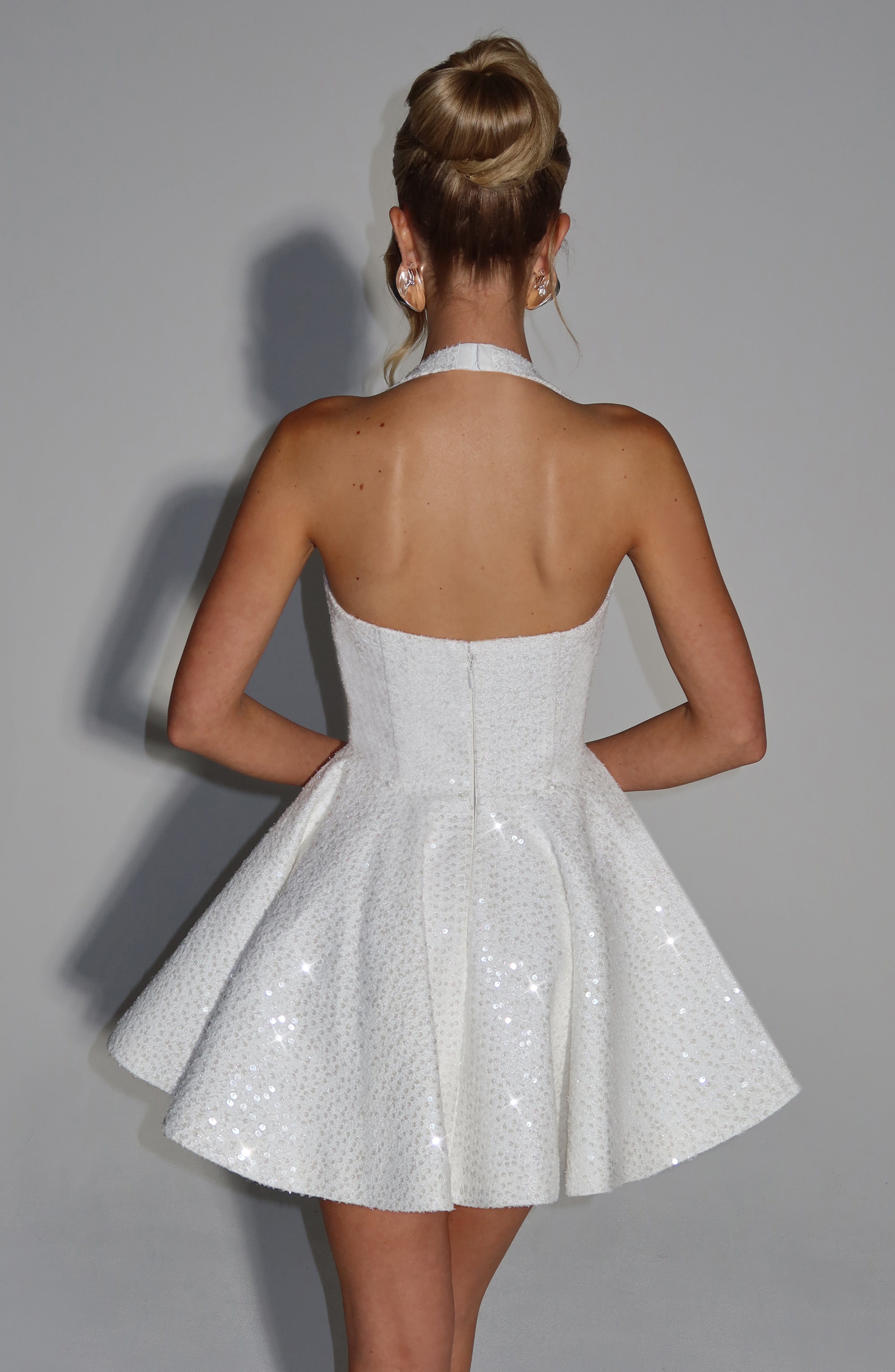Ekru Renk Georgette Mini Elbise