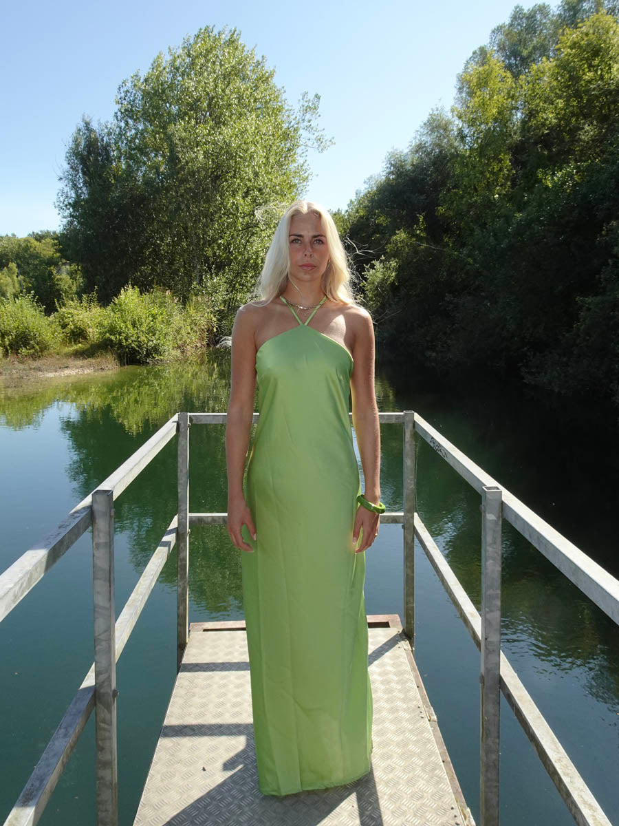 Yeşil Talia Halter Saten Elbise