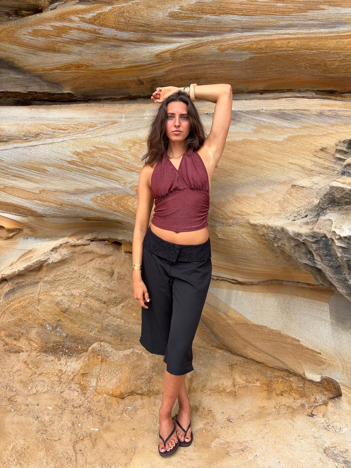 Kızıl Halter Yaka Işıltılı Mira Bluz
