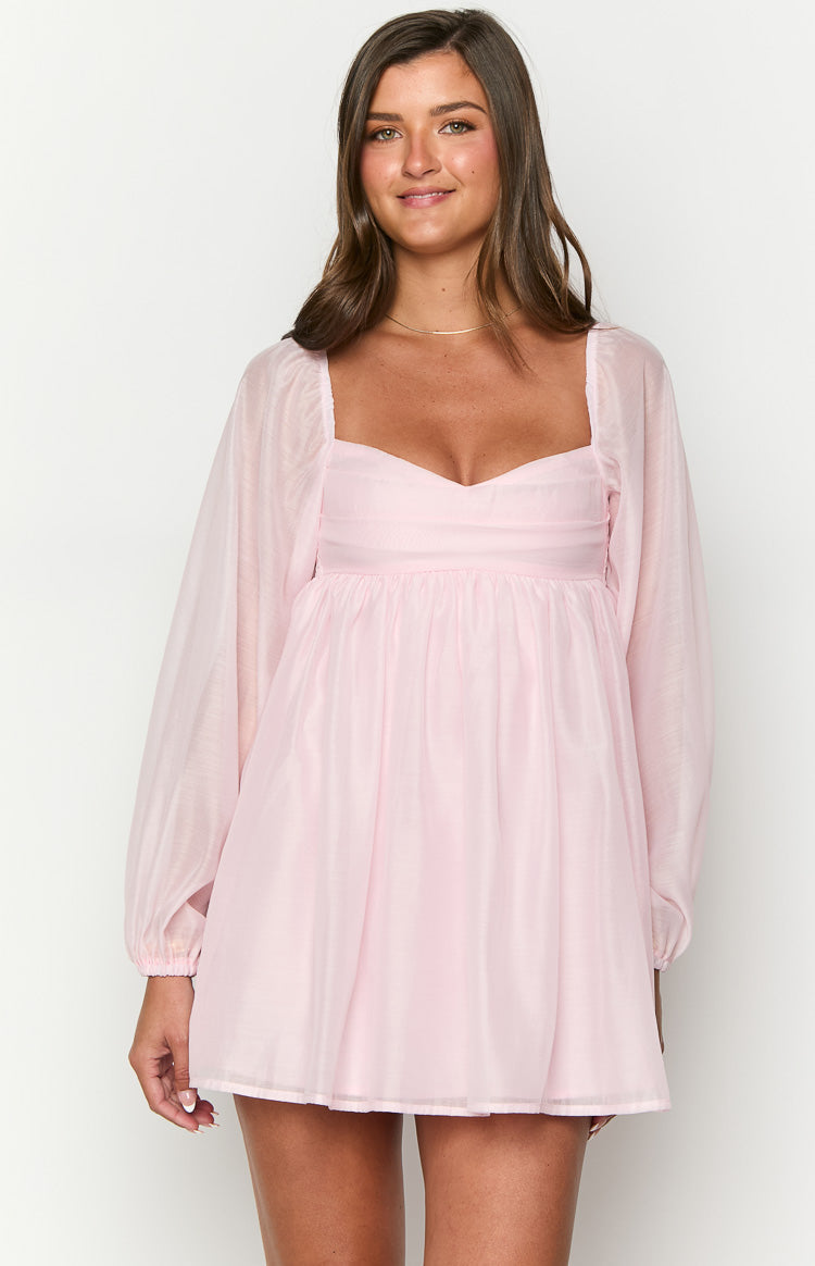 Pembe Uzun Kol Mini Elbise