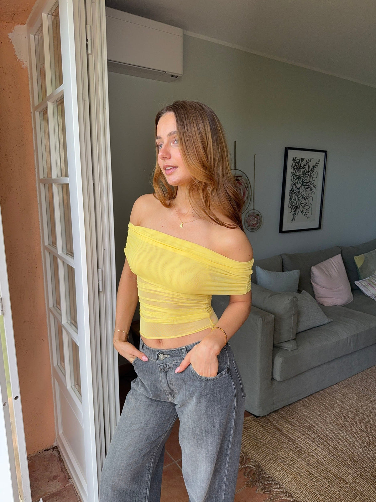 Victoire Düşük Omuzlu File Bluz - Sarı