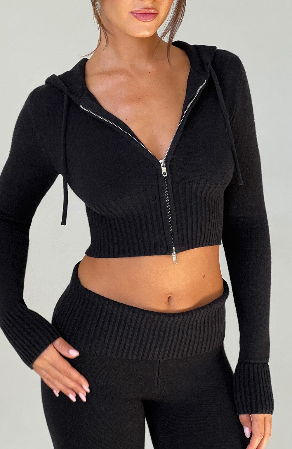 Portia Siyah Kapüşonlu Örgü Sweatshirt