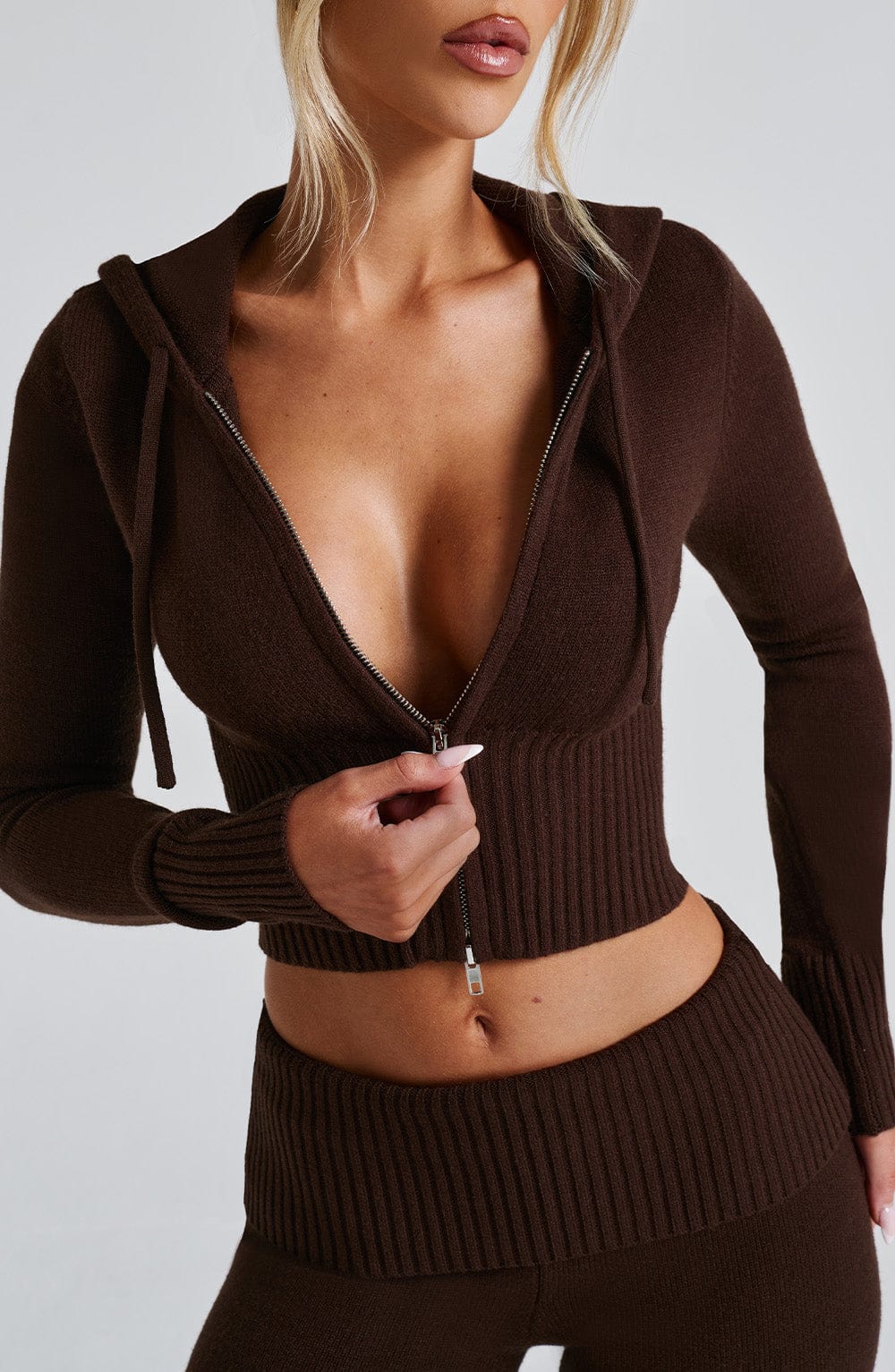 Portia Çikolata Kapüşonlu Örgü Sweatshirt